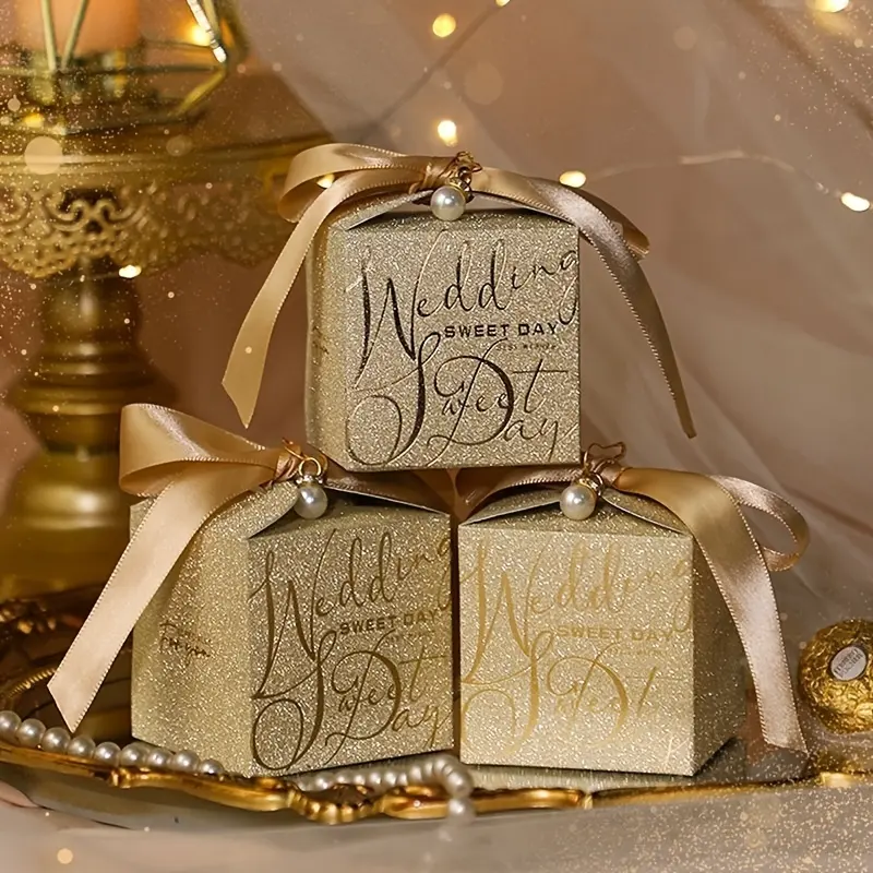 Caixa de chocolate para presente de casamento, logotipo personalizado com estampagem a quente, lembrancinhas de luxo para festas pequenas, embalagem doce e com fita