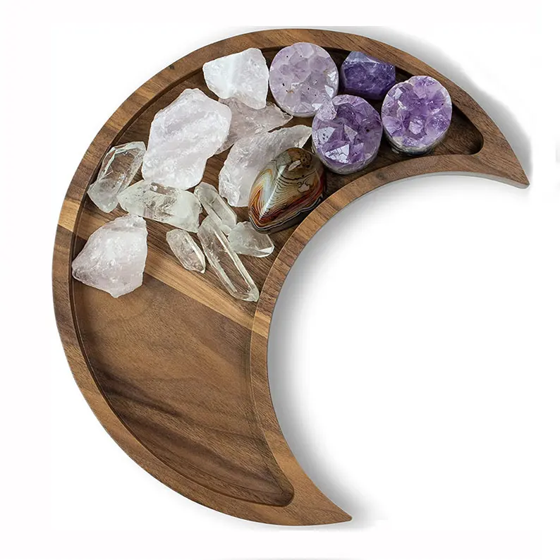 TaiLai 10.6 pollici in legno a forma di luna cristalli vassoio portaoggetti supporto in cristallo mezzaluna luna ciotola scatola organizzatore di gioielli gotici