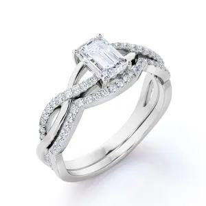 New Fashion 1.50 Carat Emerald Cut Cubic Zirconia CZ Wedding Set Silver Bridal Set Engagement Ring Sets
