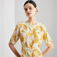 Robe florale luxueuse 100 % soie de mûrier pour femme, élégante, vintage, col rond, manches courtes, en crêpe de Chine, longueur midi, été 2026