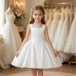 Robe de fête en satin blanc pour filles Meiqiai, 8-12 ans, col carré avec bordure en perles pour occasions spéciales - Product Image 1