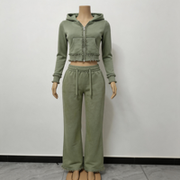 Ensemble de survêtement 2 pièces pour femme avec logo personnalisé, veste zippée délavée style vintage et pantalon évasé en coton élasthanne, collection sportswear automne 2026