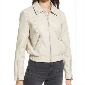 Veste en cuir véritable blanc cassé pour femme, taille élastique, ourlet en peau de mouton, manteau bomber style motard beige crème, vêtement d'extérieur personnalisé pour l'automne et l'hiver - Product Image 1
