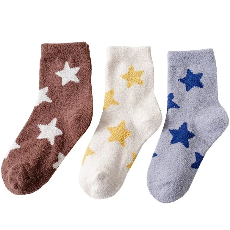 Lovely coral fleecy children's socks autumn and winter extra thick baby towel socks stars