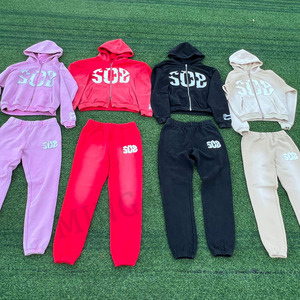 Vêtements de rue brodés d'autocollants de différentes couleurs, ensemble de survêtement en éponge avec fermeture éclair, ensemble de survêtement lavé à l'acide - Product Image 1