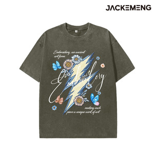 Camiseta al por mayor 100% algodón con bordado floral relámpago, estilo oversize retro hip hop streetwear, camiseta para hombre desde almacén de EE. UU. - Product Image 3