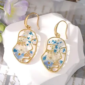 Picasso Abstract Face Quirky Pressed Real Flower Earrings, Gold Plated Forget Me Not Dried Flower Earrings