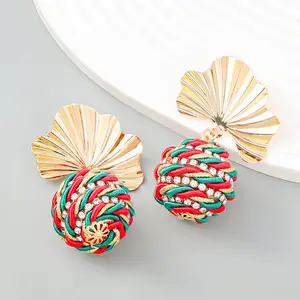 Fashion alloy leaves elastic thread diamond inlay spiral weave vintage wholesale stud earrings for woman