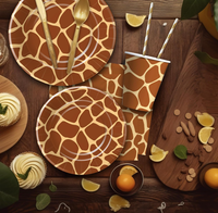 Assiettes, gobelets, serviettes, nappes, couverts et pailles jetables à thème girafe pour fête d'anniversaire sur le thème de la jungle ou du safari
