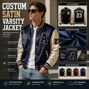 Veste universitaire en satin brodée avec logo personnalisé pour hommes, veste bomber à boutons pression, col côtelé, patch personnalisé OEM - Product Image 1