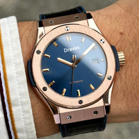 Montre-bracelet mécanique classique pour homme en acier inoxydable, multifonction, aiguilles lumineuses, cadran bleu, bracelet en cuir véritable, montre Hublota pour homme