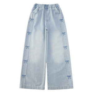 Nouveau <span class=keywords><strong>Jean</strong></span> en Denim Ample et Droit pour Filles, Pantalon <span class=keywords><strong>Large</strong></span> Brodé avec Nœud pour Enfants, Décontracté et Long, Collection Printemps-Automne - Product Image 5