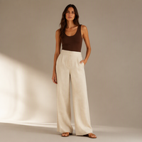 Pantalon Palazzo Long Plissé Ample en Lin Ivoire pour Femmes – Style Décontracté Chic d'Été
