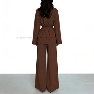 V-Neck Women's Blouse With Elegant Long Sleeves and <b>Tie</b> Detail, Paired With Stylish Wide-Leg Pants - 2-Piece <b>Set</b> Fashion - Product Image 4