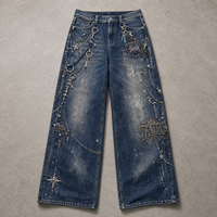 Produsen Pakaian TaiDe Custom Made Vintage Wash Baggy Wide Leg Jeans Chain Charm Rhinestone Beading Star Whisker OEM ODM