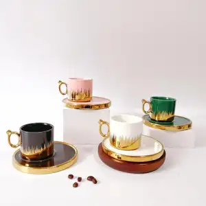 Luxury style electroplating ceramic coffee tea sets Arabian Turkey export gold-plated tea cups with saucer set gift box package