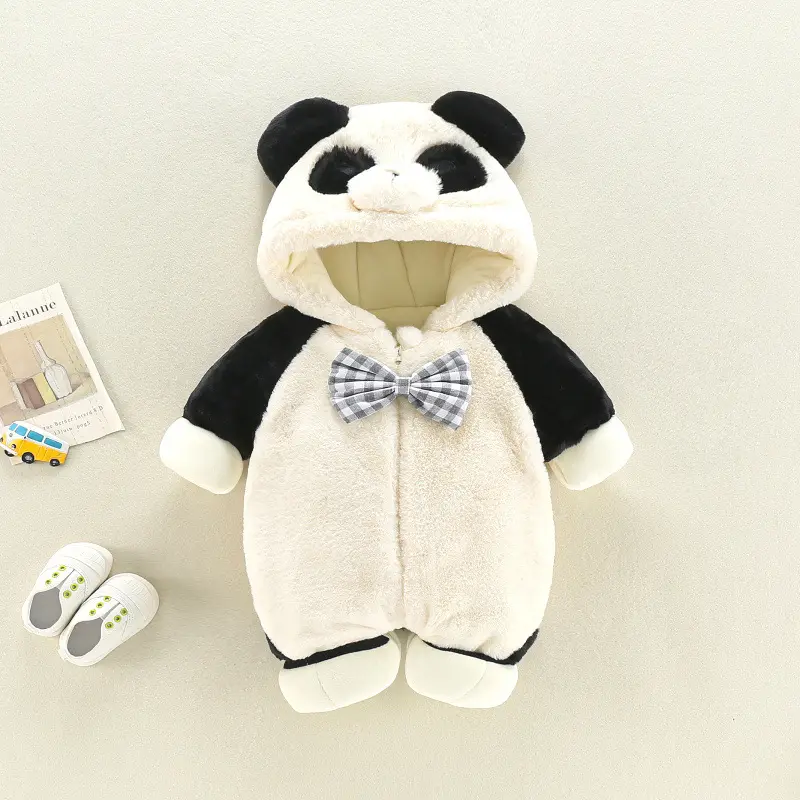 Romper Ritsleting Unisex Kualitas Tinggi Musim Dingin Sherpa Bulu Panda Bayi Piyama Onesie 3D Appliqued EMB