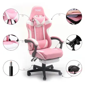 Silla ergonómica ajustable para gaming, silla de cuero PU para ordenador, silla rosa para gaming de carreras