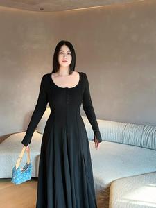 Vestido largo negro elegante minimalista inspirado en la supermodelo, falda ancha de manga larga de talla grande, cintura ceñida, estilo informal para Curvy - Product Image 3