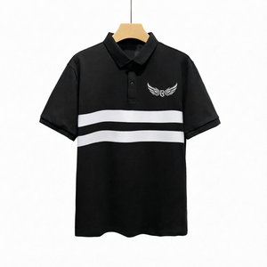 Polo à manches courtes noir pour homme avec rayures blanches et logo brodé, design décontracté en coton Oxford respirant - Product Image 1