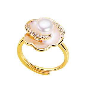 Anillo de Perlas de Agua Dulce Redondas y Planas con Camelia Chapada en Oro de 18K al por Mayor, Joyería Delicada con Perlas Reales para Mujer - Product Image 5