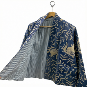 Blue <b>Velvet</b> Embroidered <b>Women</b> <b>Jacket</b> Stand Collar Floral Patterned Outerwear <b>for</b> Autumn and Spring - Product Image 1