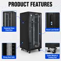 Rak Server Jaringan 42U, Kabinet Lantai, 19 Inci, Baja Cold-Rolled, Pintu Kaca Tempered, Hitam, untuk Pusat Data IT