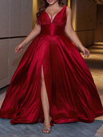 Robe de soirée pour femme, col en V, satin, coupe trapèze, fente latérale, longueur ras du sol, sans manches, couleur unie, de luxe, pour occasions formelles et fêtes