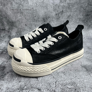 QIFON Japanese <b>Style</b> Men's Casual Shoes Horse Leather Canvas Big <b>Head</b> Thick Bottom Niche Trendy Vulcanized Shoes Genuine Leather - Product Image 6