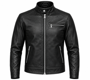 Chaqueta de Motociclista para Hombre 2026, Negra, de Piel Vacuna, Transpirable, Corte Ajustado, Cuello Alto, Cierre de Cremallera, Estilo Biker, Invierno - Product Image 1