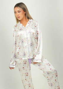 Bordo del prato corto e lungo Set di pij in raso morbido setoso tessuto viola bordino elasticizzato fascia alta da notte da donna - Product Image 6