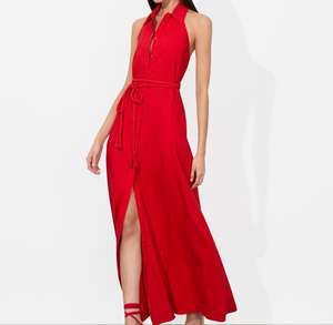 Chic rojo cuello Halter Maxi vestido con cintura cuerda lazo adecuado vacaciones eventos vestido de lino - Product Image 3