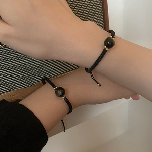 Pulsera ajustable hecha a mano <span class=keywords><strong>para</strong></span> hombre y mujer, brazalete con cuentas de cristal de fresa y piedra de obsidiana Artificial, trenzada de cuerda de amistad, regalo - Product Image 5