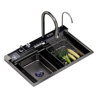 Évier de cuisine multifonctionnel intelligent en acier inoxydable avec cascade, surface nano noire et robinet en cuivre à affichage numérique