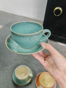 Tasse à café en céramique tendance avec glaçure réactive et soucoupe, tasse à thé en grès de style artisanal pour usage quotidien et cadeau - Product Image 2