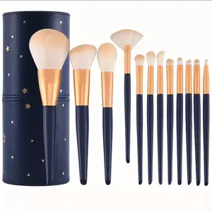 New Wholesale 12 Pcs Private Label Cosmetic Blue Foundation Highlight Powder Blush Makeup Brush Set With Box