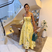 Robe midi évasée à bretelles spaghetti pour femme, imprimé floral, appliques papillon, boutonnée devant