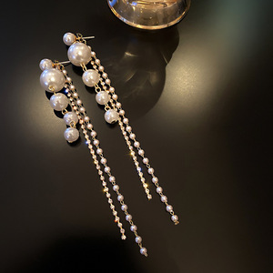Pendientes Largos <span class=keywords><strong>de</strong></span> Perlas con Borlas y Diamantes, Joyería para Mujer, con Estilo y Personalidad - Product Image 4