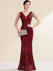 Robe <span class=keywords><strong>de</strong></span> soirée Femme Tempérament Socialite High Sense Company Réunion annuelle Hôte Banquet Party Floor-Length Ball Gown Deep V - Product Image 1