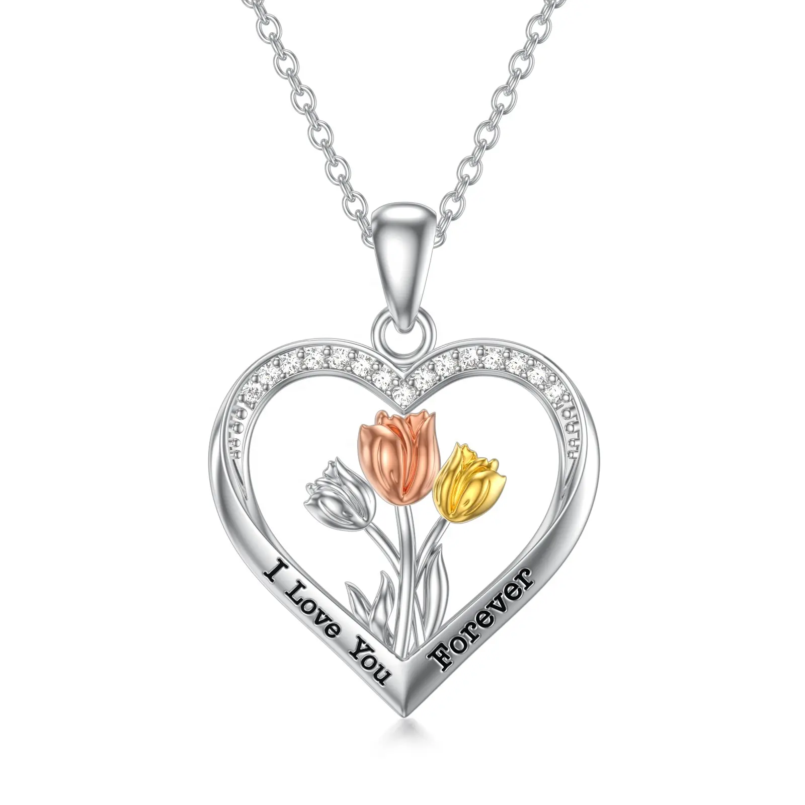 925 Tulip Multi Coloured Flower Cameo Pendant Heart Necklace Platinum&Rose Gold Yellow Fashion Elegant Luxury Jewelry for mom