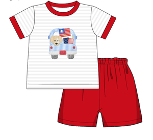 Venta caliente bebé niña niños boutique ropa conjunto niños 4 de Julio disfraz cachorro perro bandera diseño verano fruncido ropa - Product Image 5