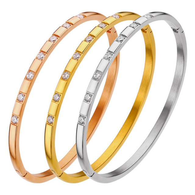 Rhinestone Pave Bangle Bracelet Stainless Steel Gold Plated Crystal Thin Bangle with 18k Gold Plated for Women