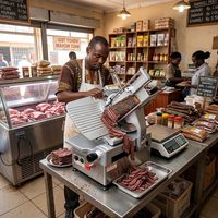 Machine à trancher électrique professionnelle automatique pour viande et charcuterie, 550W, en acier inoxydable, pour cuisine commerciale, fournie par l'usine