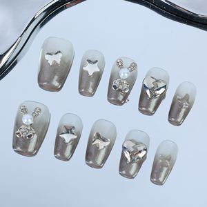 Uñas acrílicas hechas a mano al por mayor, uñas postizas cuadradas de cobertura completa, degradado rosa y blanco, diseño con diamantes de imitación, personalizables. - Product Image 2