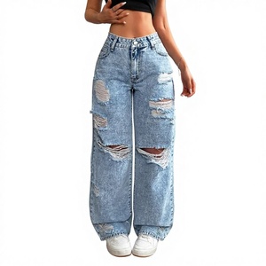 Jeans décontractés pour femmes à jambe large, taille haute, bleu délavé, déchirés et effilochés, style streetwear, en denim, vente en gros ODM/OEM - Product Image 5