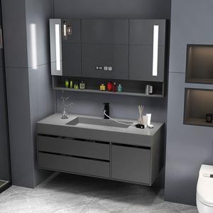 Modern luxury hotel style <b>black</b> gray LED mirror intelligent light washbasin bathroom cabinet - Product Image 2