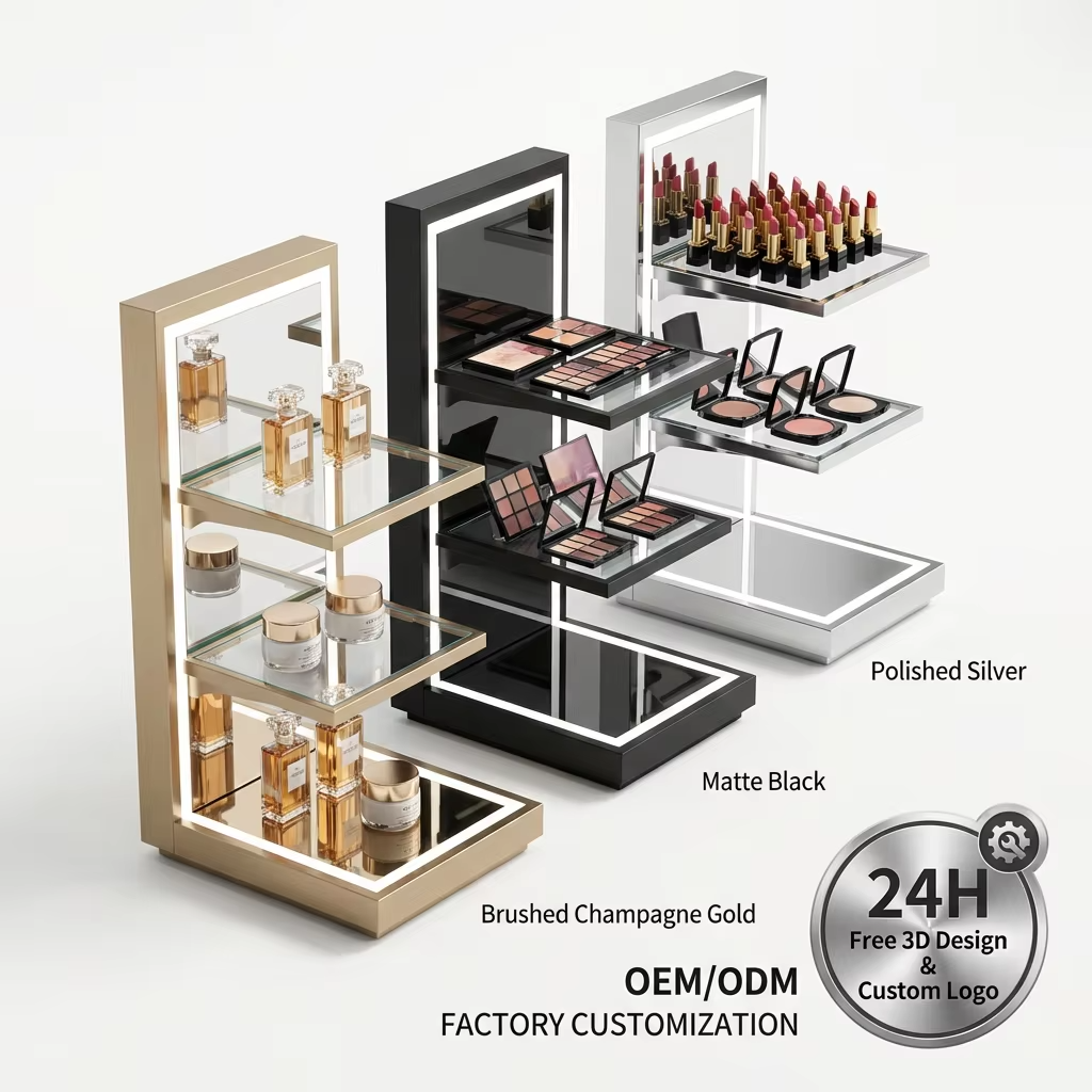 Custom Luxury Modular Makeup Display Stand Countertop Metal Wood Acrylic Cosmetic Retail Boutique Store Brand Tester Unit Apache — view 5