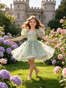 Mädchen Grünes Puffärmel-Prinzessinnenkleid Kinder Blumen-Stickerei Partykleid - Product Image 5