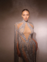 Robe de soirée longue en strass transparents argentés avec franges pour femme, robe de cérémonie formelle pour fête, célébration, performance