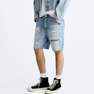 Shorts en jean déchirés pour hommes, nouveau design, délavage bleu, logo personnalisé, prix d'usine - Product Image 3